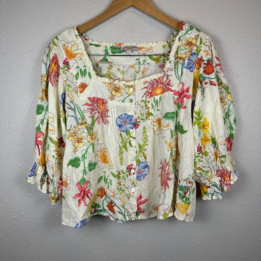 Laura Ashley Size L Linen Floral Blouse Puff Sleeve Square Neck Cottagecore Boho